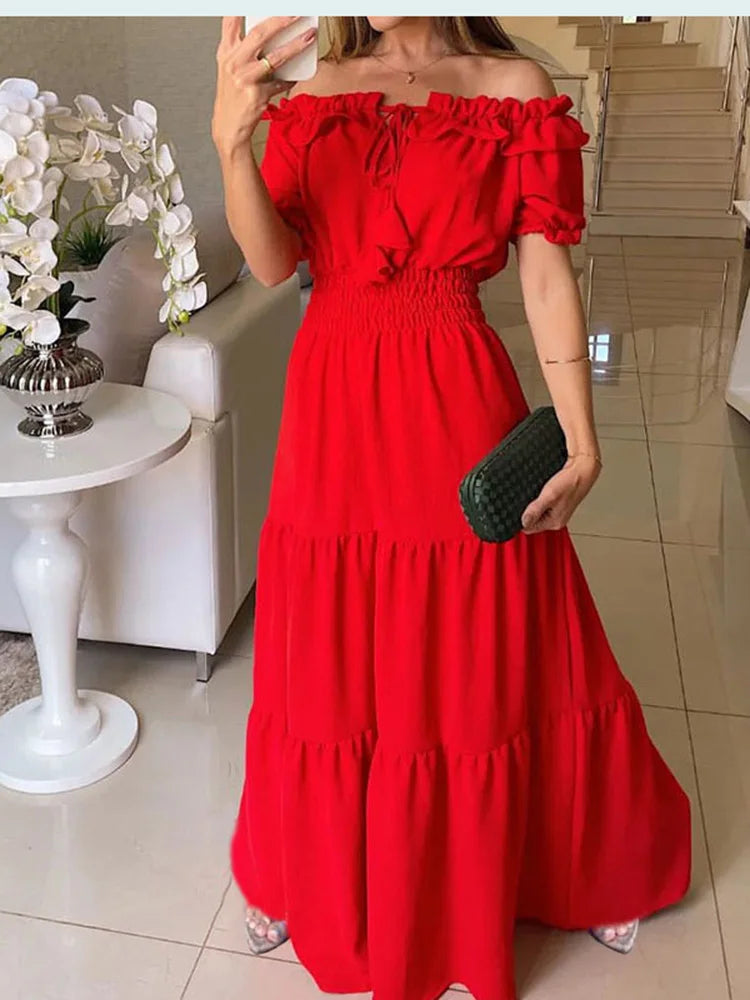 Summer Boho Red Dress Fashion Short Sleeve Beach Long Dress Casual Loose Elegant Holiday Party Dresses For Women Robe Femme 2023 - Otaj Gifts