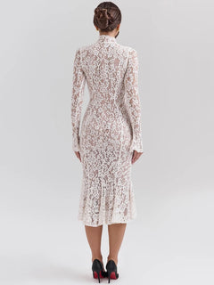 Mozision Lace Long Sleeve Sexy Midi Dress For Women Elegant White Half High Collar High Waist Bodycon Club Party Sexy Long Dress - Otaj Gifts