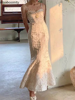 Summer Women Gorgeous Party Mermaid Prom Dress Spaghetti Strap Pearl Beading Ruffles Dress Feminine Backless Trumpet Long Dress - Otaj Gifts