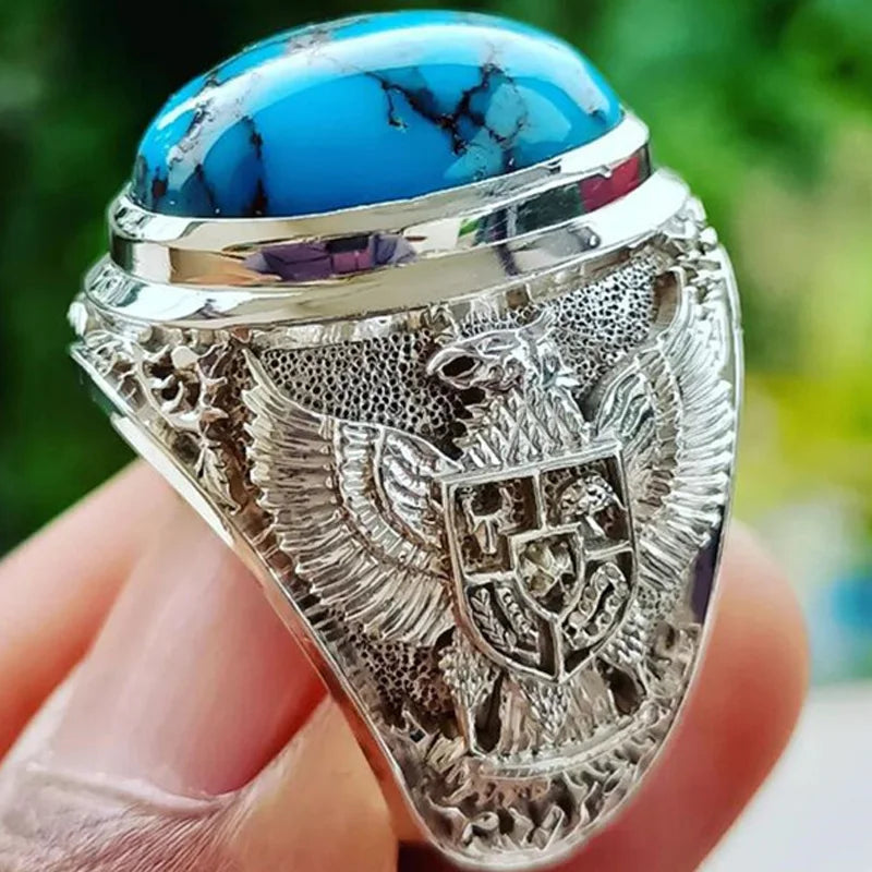 Vintage Round Inlaid Blue Stone Ring Silver Color Metal Hand Carved Eagle - Otaj Gifts