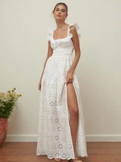 White Dress Women Halter Cotton Long Dress Lace Elegant Party Outfits - Otaj Gifts