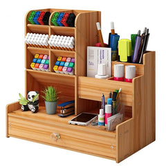 Wooden Desk Organiser DIY Desktop Tidy Pen Holder Large Capacity Stationery Storage Box with Drawer for Home Office and School - Otaj Gifts