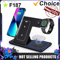 LED Fast Wireless Charger Stand 3 in 1 Foldable Charging Station For iPhone 15 14 13 12 11 Apple Watch 9 8 7 6 5 Airpods Pro - Otaj Gifts