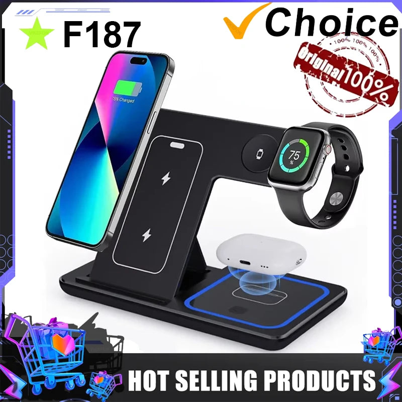 LED Fast Wireless Charger Stand 3 in 1 Foldable Charging Station For iPhone 15 14 13 12 11 Apple Watch 9 8 7 6 5 Airpods Pro - Otaj Gifts