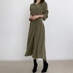 Summer Autumn New Elegant Fashion Solid Simple Waist Long Dress Women Polo-neck Temperament All-match Dresses Vestidos De Fiesta - Otaj Gifts