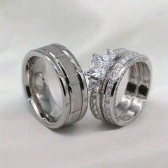 Fashion Silver Color Couple Rings Trendy Stainless Steel Men Rings Cute Women Rhinestones Zircon Rings Set - Otaj Gifts