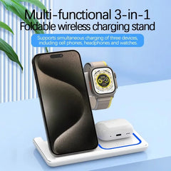 LED Fast Wireless Charger Stand 3 in 1 Foldable Charging Station For iPhone 15 14 13 12 11 Apple Watch 9 8 7 6 5 Airpods Pro - Otaj Gifts