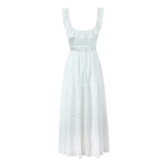 White Dress Women Halter Cotton Long Dress Lace Elegant Party Outfits - Otaj Gifts