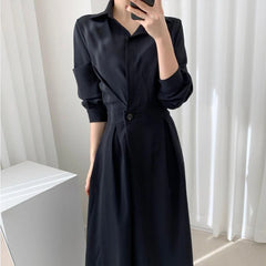 Summer Autumn New Elegant Fashion Solid Simple Waist Long Dress Women Polo-neck Temperament All-match Dresses Vestidos De Fiesta - Otaj Gifts