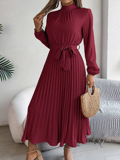 Elegant Pleated Long Dress Long Sleeveed Lace Up Dresses for Middle Eastern Women Spring and Summer Clothes - Otaj Gifts