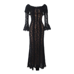 Suninheart Lace Off-shoulder Sexy Maxi Dress Women Strapless Backless Long Sleeve Bodycon Evening Club Party Long Dress Elegant - Otaj Gifts