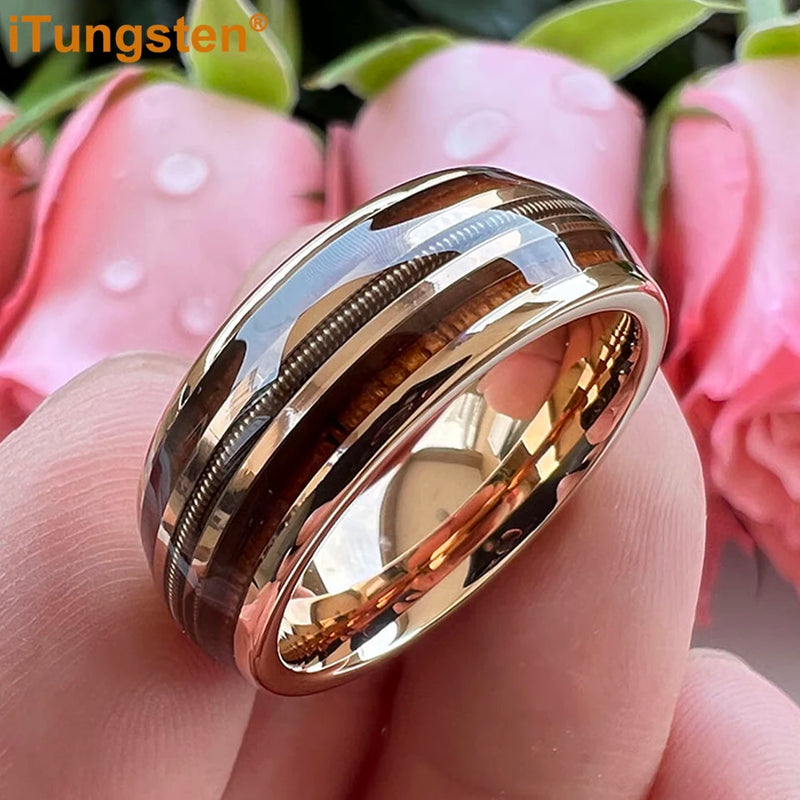 8mm Unisex Fashion Engagement Wedding Band Rose Gold Color Tungsten Wood Guitar String Inlay - Otaj Gifts
