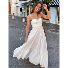White Dress Women Halter Cotton Long Dress Lace Elegant Party Outfits - Otaj Gifts