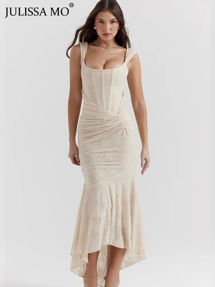 JULISSA MO Sleeve Less Backless Evening Long Dress Irregular Ruched Women Dress New Slim Fit Elegant Square Collar Gown Outfits - Otaj Gifts