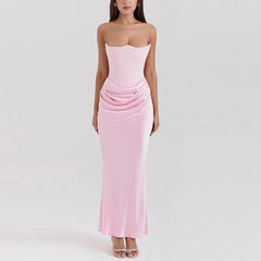 Elegant Strapless Patchwork Long Dress Women Slim Sleeveless Pleated Mermaid Dresses 2025 Spring Lady Evening Party Robe - Otaj Gifts