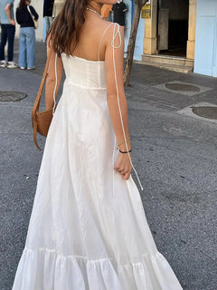 White Dress Women Halter Cotton Long Dress Lace Elegant Party Outfits - Otaj Gifts
