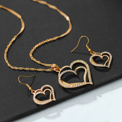 3 Pcs Set Heart Shaped Jewelry Set Of Earrings Pendant Necklace For Women Exquisite Fashion Rhinestone Double Heart Jewelry Set - Otaj Gifts