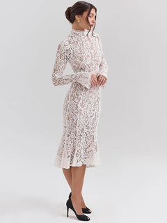 Mozision Lace Long Sleeve Sexy Midi Dress For Women Elegant White Half High Collar High Waist Bodycon Club Party Sexy Long Dress - Otaj Gifts