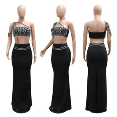 Rhinestone Dress 2 Piece Skirt Sets Elegant Luxury Long Dress 2024 Summer Clothes Sexy Club Outfit Crop Top Two Piece Skirt Sets - Otaj Gifts