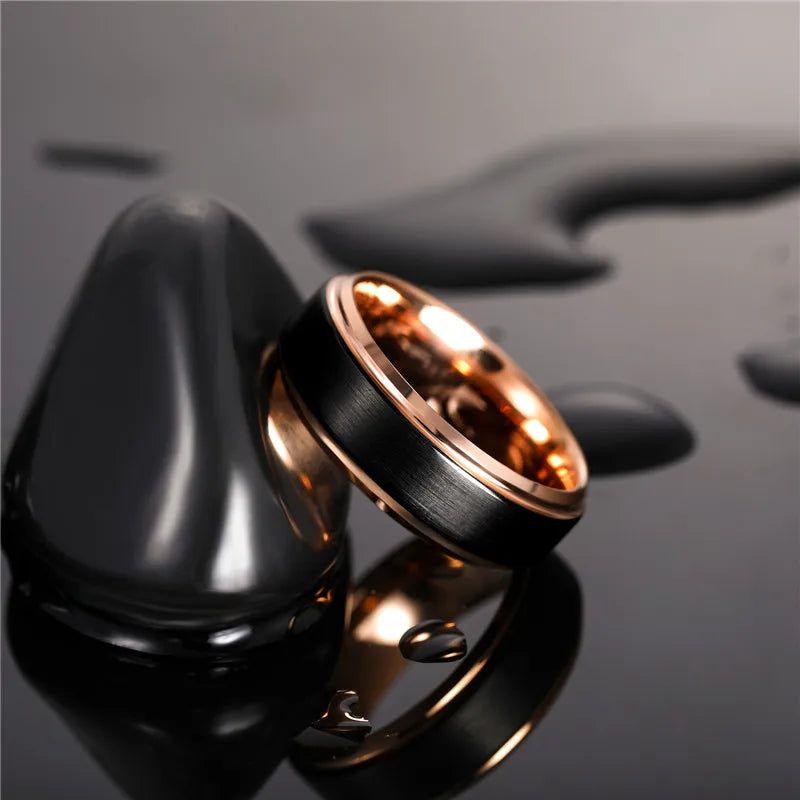 Tungsten Carbide Unisex Ring 6/8 mm Black Brushed Cut Edge Rose Gold - Otaj Gifts