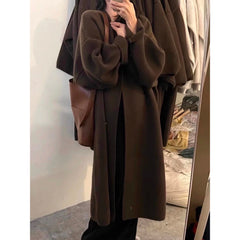 Khaki Knitted Cardigan Sweater, Womens Coat, Long Cardigan, Wool Coat, Cozy Style Loose, Plus Size Maxi Coat, Office Outfits, Fall Clothing - Otaj Gifts