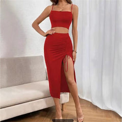 Slim Fit Sleeveless Split Mid-length Dress Set Women - Otaj Gifts