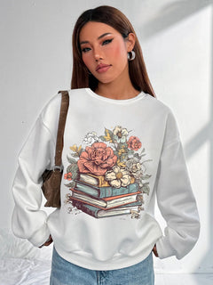 Women Basic Casual Pullover Spring Autumn Long Sleeve Write Elegantly Printed Round Neck - Otaj Gifts