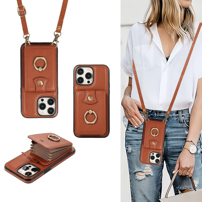 Suitable for iPhone 12/13/14/15/16 series crossbody card holder Faux Leather mobile phone case black/brown/red/rosy Golden 16promax mobile phone case 14promax15promax with card bag and long chain - Otaj Gifts