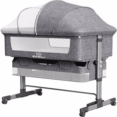 3-in-1 Bedside Crib With Mosquito Net, Large Storage Bag, Comfortable Mattress With Lockable Wheels, Grey - Otaj Gifts