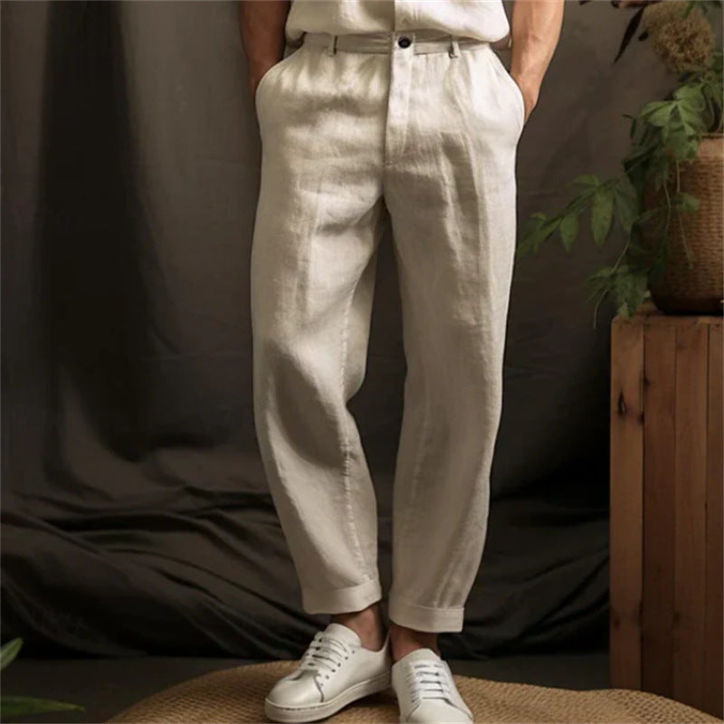 Men's Linen Solid Color Casual Light Outdoor Straight-leg Trousers - Otaj Gifts