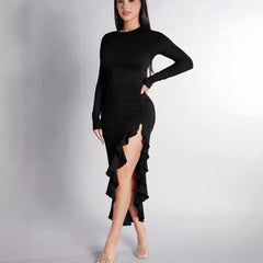 Round Neck Long Sleeve Slim Solid Color Frill Split Ruffled Dress - Otaj Gifts