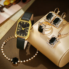 Leather Women's Watch Square Quartz Watch Korean Necklace Earrings Ring Set - Otaj Gifts