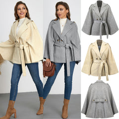 Bandage Coat Batwing Sleeve Lapel Woolen Coat - Otaj Gifts