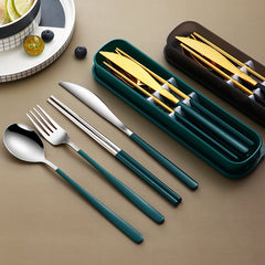 304 Dinnerware Set Flatware Kitchen Accessories Camping Travel Sets Gold Knife Fork Spoon Portable Cutlery Sets With Case - Otaj Gifts