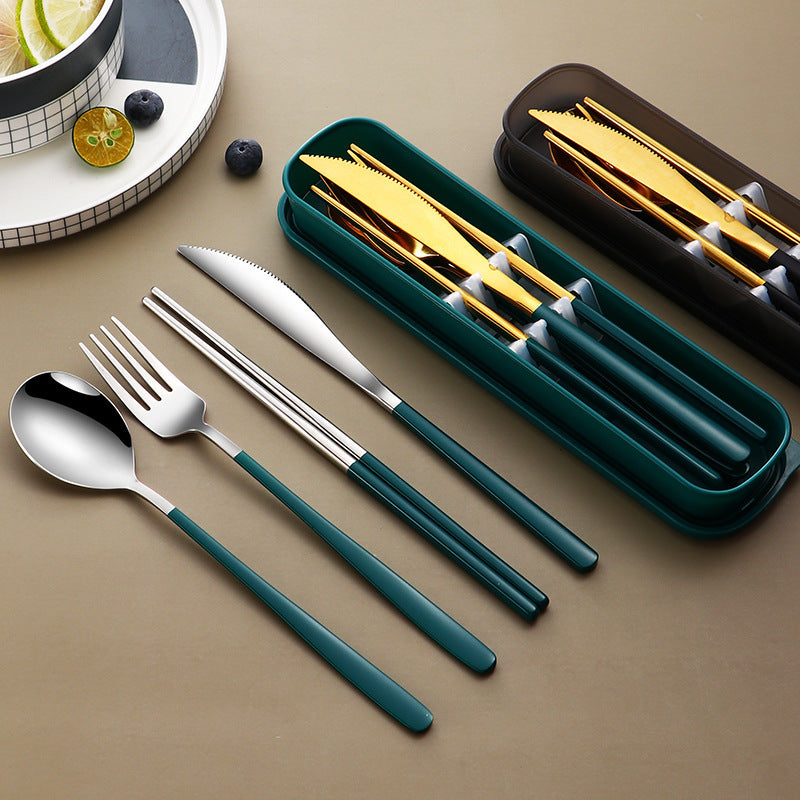 304 Dinnerware Set Flatware Kitchen Accessories Camping Travel Sets Gold Knife Fork Spoon Portable Cutlery Sets With Case - Otaj Gifts