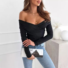 Women's Fashion Shoulder-baring Long-sleeved T-shirt - Otaj Gifts