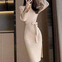 Bell Sleeve Solid Color Knitted Dress Autumn And Winter - Otaj Gifts