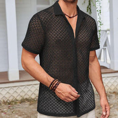 Summer Mesh Short Sleeve Shirt Fashion Solid Color Lapel Shirt Tops Beach Men Clothing - Otaj Gifts