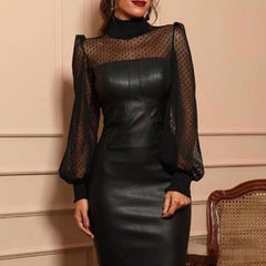 Black Mesh Stitching Tight Leather Skirt - Otaj Gifts