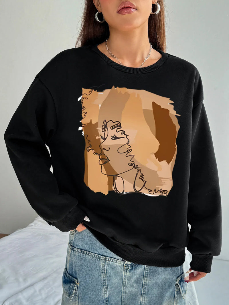Women Basic Casual Pullover Spring Autumn Long Sleeve Female Profile Printed Round Neck - Otaj Gifts