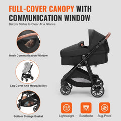 Standard Baby Stroller, Infant Toddler Stroller With Bassinet, 3rd-Gear Adjustable Backrest & Foldable & Reversible Seat, Carbon Steel Newborn Stroller With Leg Cover And Mesh Net, Black - Otaj Gifts