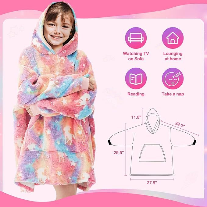 RAINBEAN Glow In The Dark Wearable Blanket Hoodie For Kid, Oversized Hooded Wearable Blanket Sherpa, Soft Blanket Hooded Gift For Girls And Boys 3-6 Years - Otaj Gifts