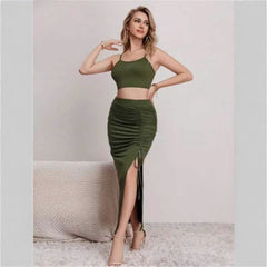 Slim Fit Sleeveless Split Mid-length Dress Set Women - Otaj Gifts