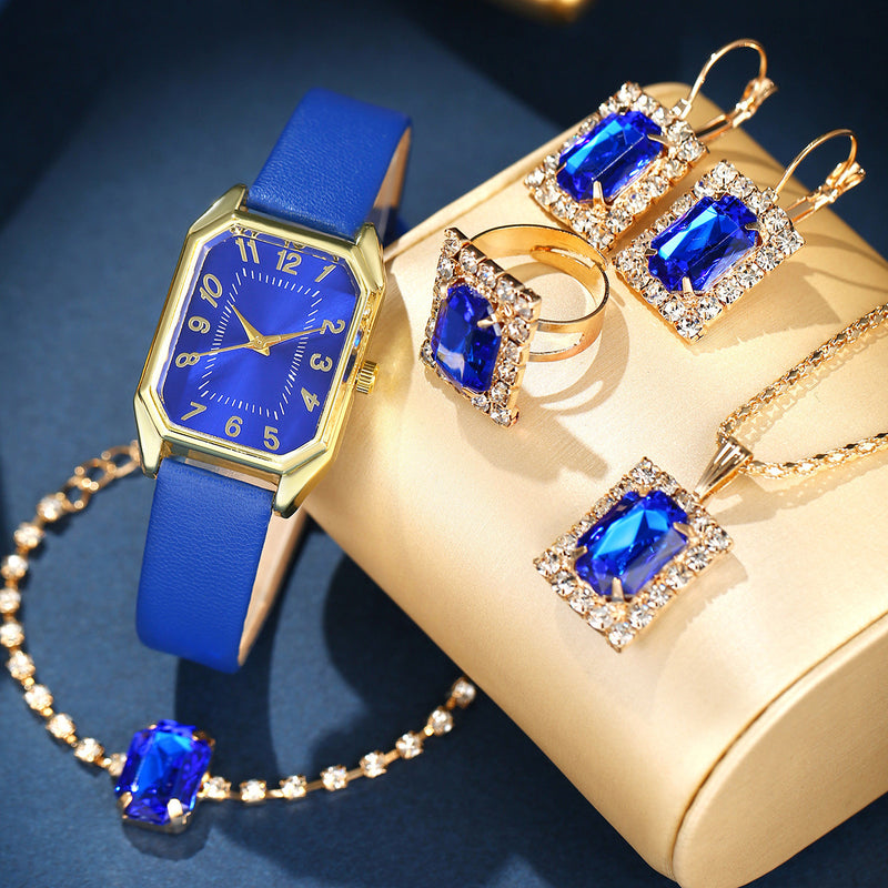 Leather Women's Watch Square Quartz Watch Korean Necklace Earrings Ring Set - Otaj Gifts