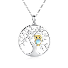 Tree of Life with Moonstone Owl Clearance Pendant Necklace in 925 Sterling Silver - Otaj Gifts