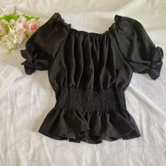 Women's Chiffon Shirt Off-shoulder Shoulder-baring Spring And Autumn Korean Style Waist-controlled Top - Otaj Gifts