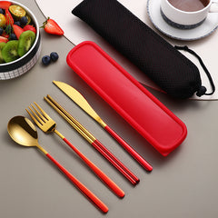304 Dinnerware Set Flatware Kitchen Accessories Camping Travel Sets Gold Knife Fork Spoon Portable Cutlery Sets With Case - Otaj Gifts
