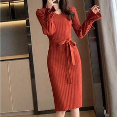Bell Sleeve Solid Color Knitted Dress Autumn And Winter - Otaj Gifts