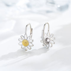 Daisy Leverback Hoop Earrings in White Gold Plated Sterling Silver - Otaj Gifts