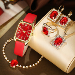 Leather Women's Watch Square Quartz Watch Korean Necklace Earrings Ring Set - Otaj Gifts